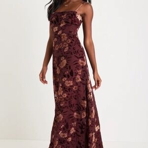 Lulus Effortless Celebration Burgundy Floral Burnout A-Line Maxi Dress
